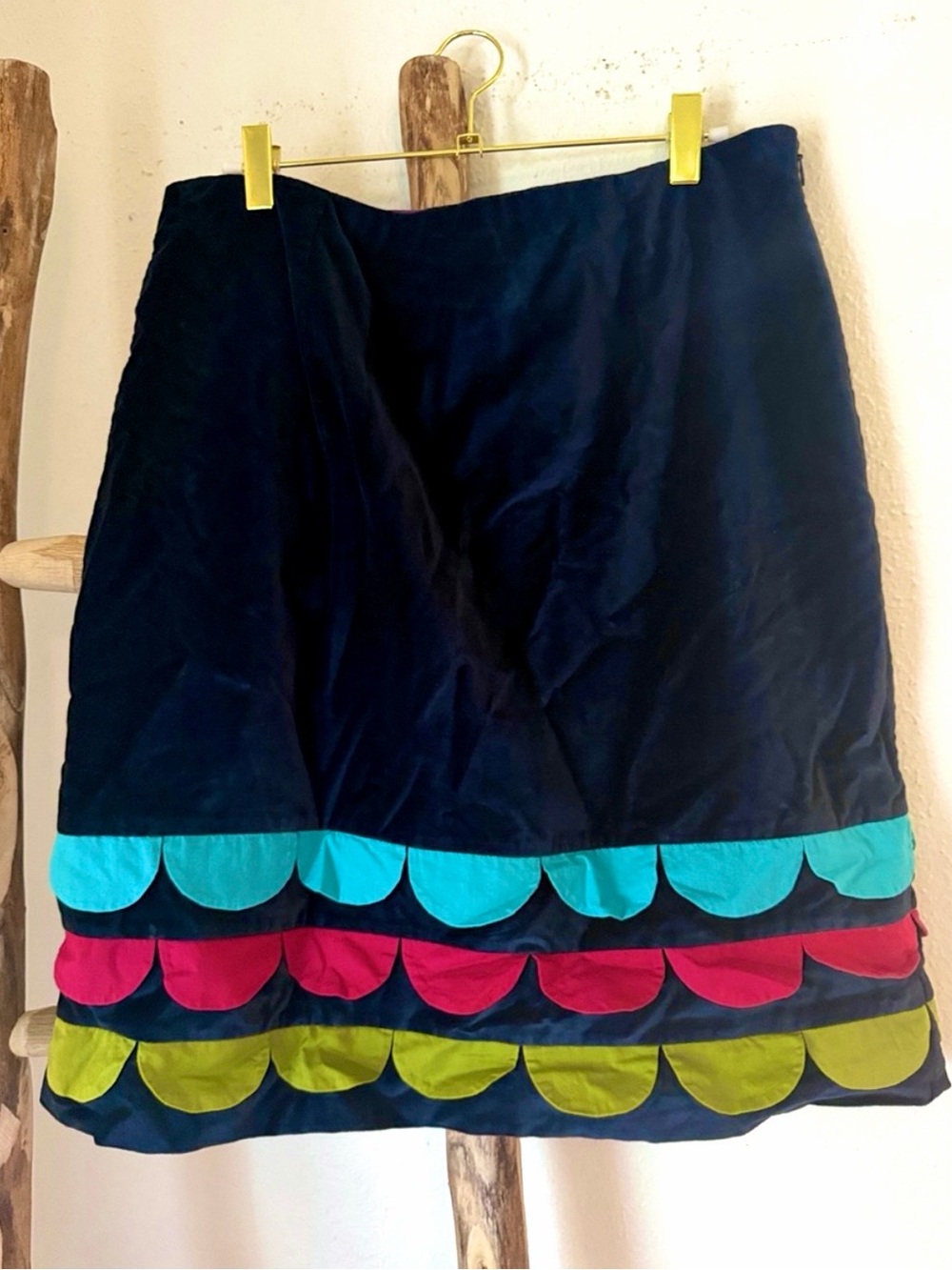 Hoden Navy Cotton Velvet A-Line Skirt with Colorful Scallop Aqua Pink Green Trim